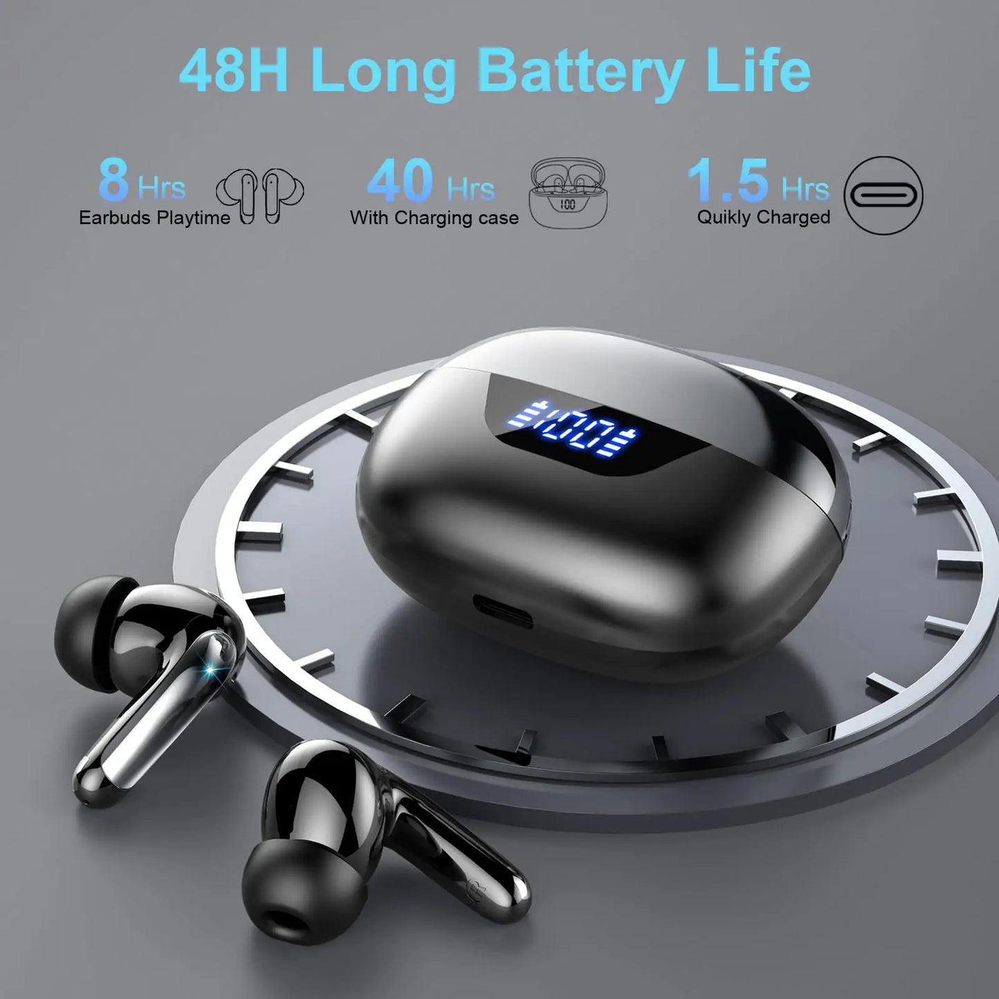 Bluetooth 5.3 Wireless Earbuds with ENC Noise Reduction – 48H Battery & LED Display